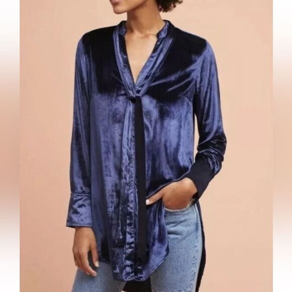 Anthropologie Maeve Tie Neck Crushed Velvet Navy Blue Blouse High Low - Picture 3 of 8